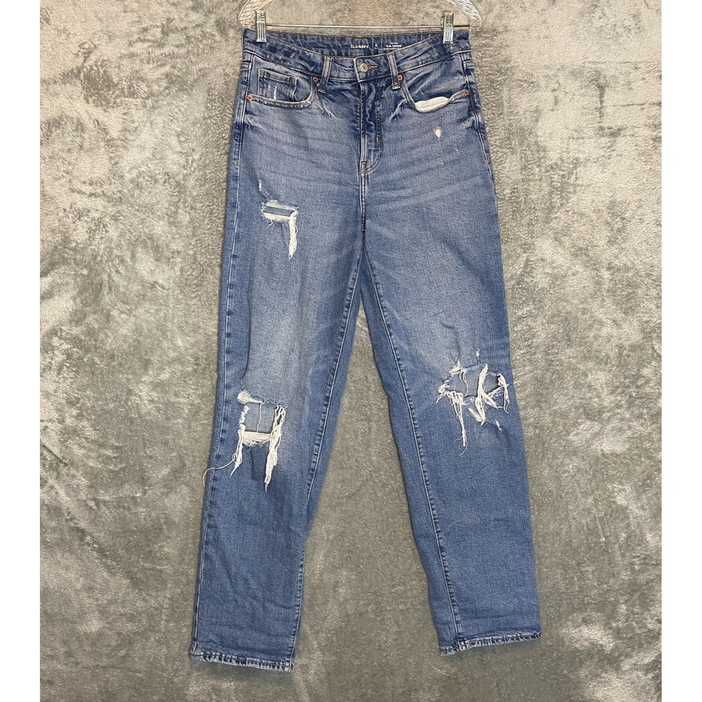 Old Navy Women Distressed OG Loose‎ 8 Tall High Rise Baggy Loose 90s Grunge Blue